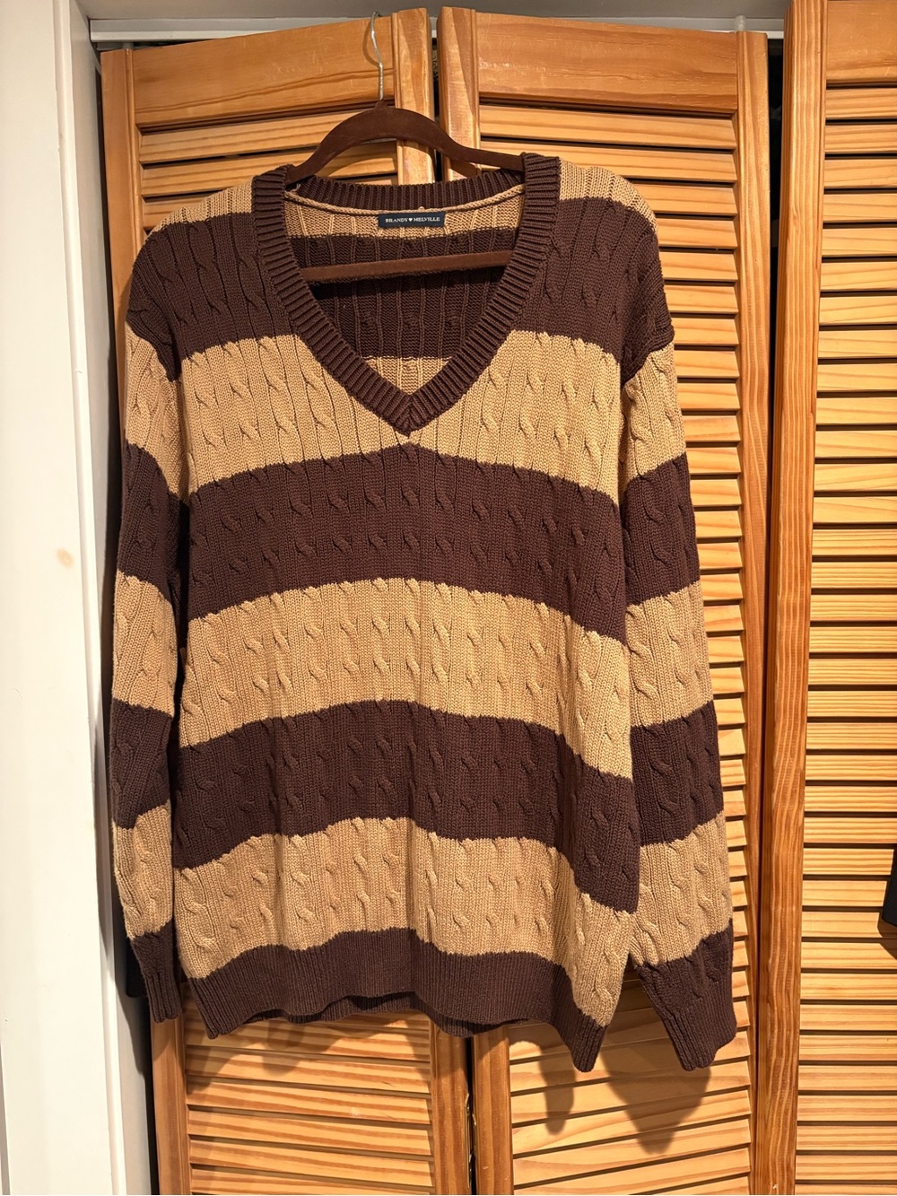 Brandy Melville Brown & Tan Striped V-Neck Sweater